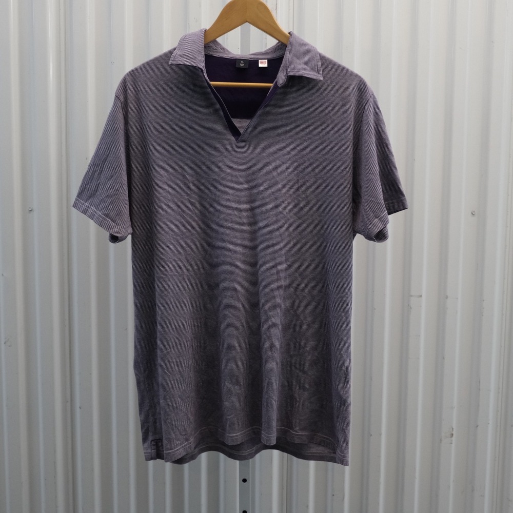 Uniqlo Polo Shirt Men's Size XL Purple  Striped Quick Dry V-Neck Short Sleeve
